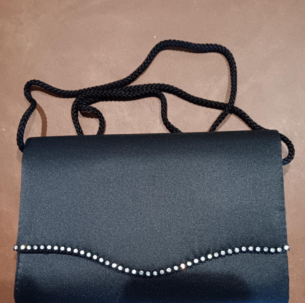 Vintage ADG Black Satin Clutch with Rhinestone Accent